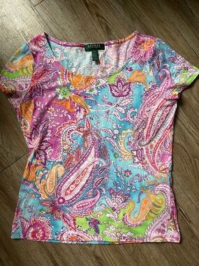 Lauren Ralph Lauren Multicolor Paisley Scoop Neck Tee - Pink, Aqua & Orange